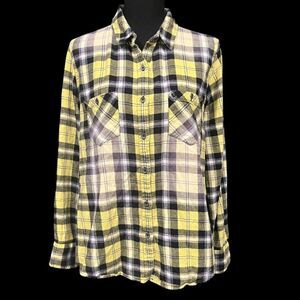 TRUE RELIGION Chartreuse & Black Plaid Flannel Women's Utility Shirt Grunge Sz L